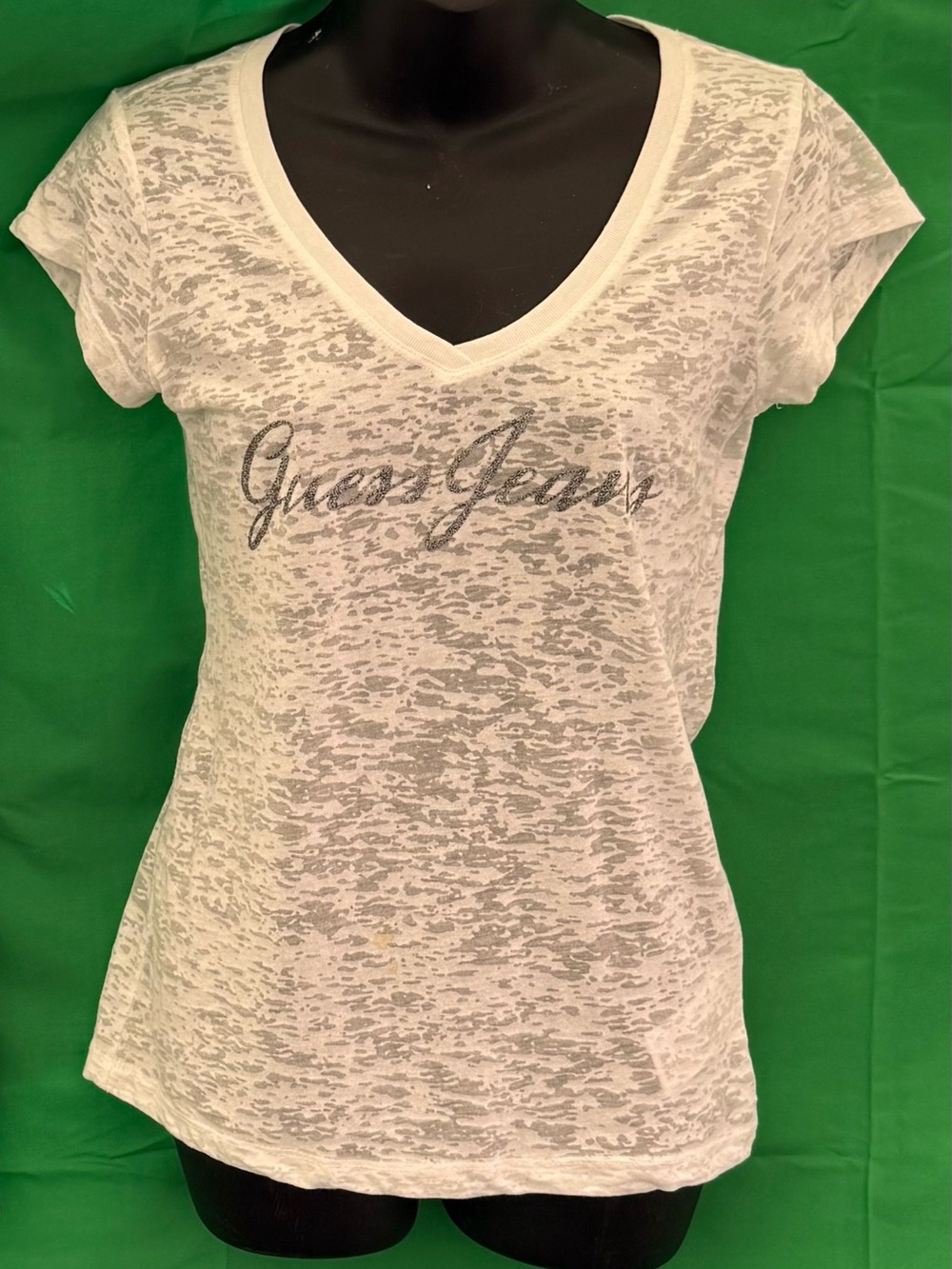 GUESS Jeans White Burnout Glitter Logo V-neck Tee Y2K Women’s M